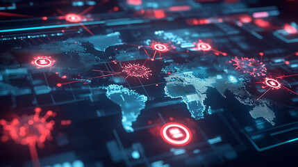 Global Cyber Pandemic Alert - Digital Virus Spread on Futuristic World Map.