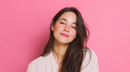 Fototapeta premium Beautiful Woman Smiling with Soft Makeup and Long Hair on Pink Background