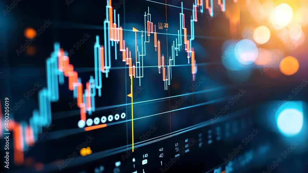 Poster financial analyst reviewing stock market monitor data on multiple screens, displaying rising graphs 