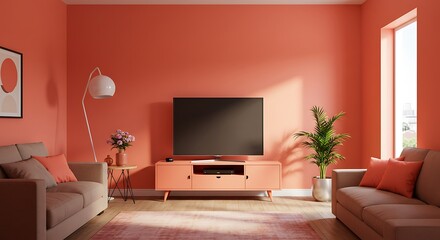 Warm Coral Living Room: Sunlit Serenity in 3D Render AI Generated