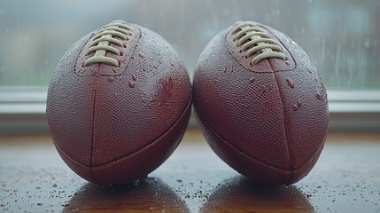 Rainy Day Game Prep: Two American Footballs Ready for Action