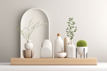 Abstract shapes forming a desk setup in soft neutral tones