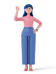 A woman in business attire waving, symbolizing greeting or presentation. 3D rendering, conceptual image. Isolated on white background.