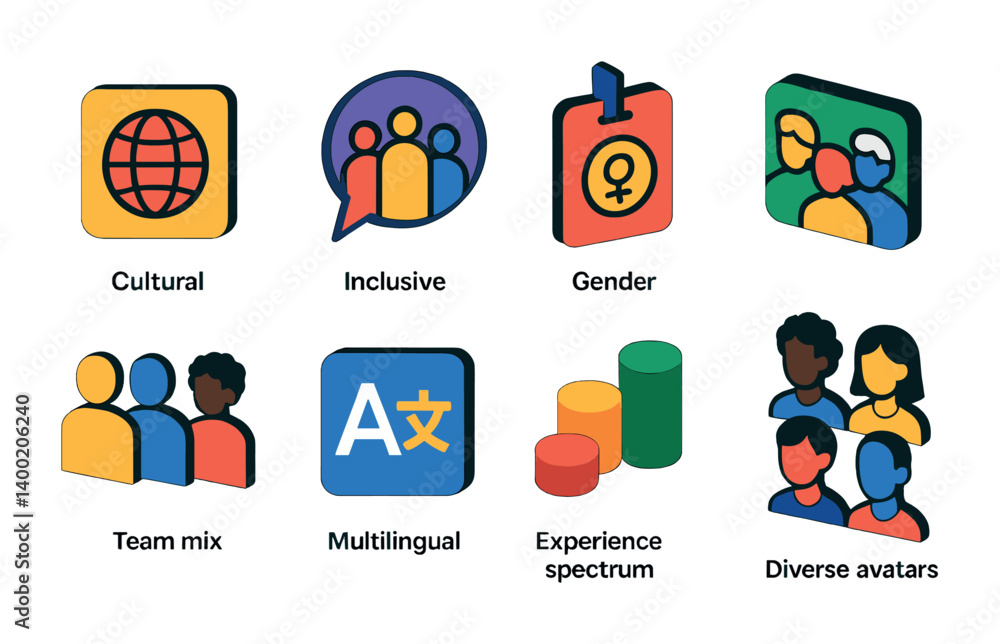 Poster isometric flat vector set of icons of cross-functional teams: mixed skills icon, role badge, shared 