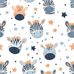 Animal print pattern zebra bold seamless concept. A playful pattern featuring cartoon zebras with varying expressions, surrounded by stars and colorful dots against a light background.