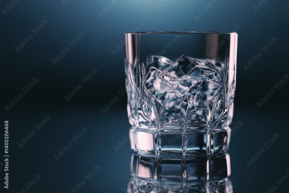 Poster elegant crystal glass filled with ice cubes on a dark reflective surface creating a cool and refresh