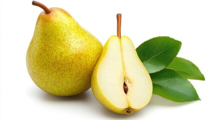 A single ripe pear with smooth golden-green skin, placed on a bright white background.