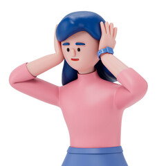 A woman with hands on head, symbolizing stress or exasperation. 3D rendering, conceptual image. Isolated on white background.