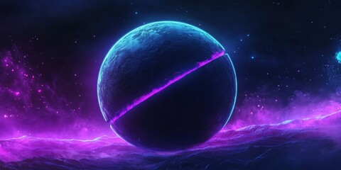 Digital artwork of a glowing cracked sphere with neon purple and cyan lights surrounded by cosmic haze