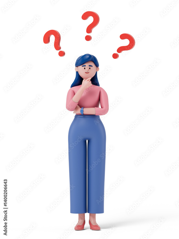 Poster a woman thinks, surrounded by floating question marks, symbolizing uncertainty or decision-making. 3