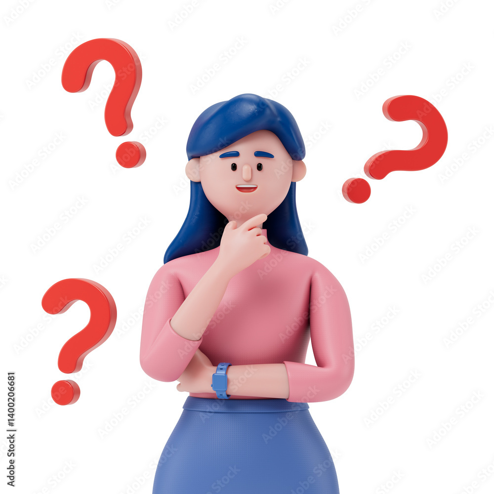 Poster a woman thinks, surrounded by floating question marks, symbolizing uncertainty or decision-making. 3