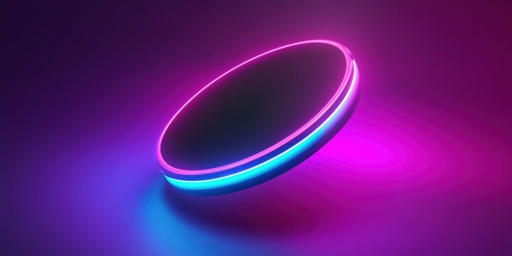 3D render of a smooth dark floating disc ringed with bright blue and pink neon lights casting soft gradients on a purple surface - Powered by Adobe