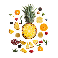 Vibrant Assortment of Tropical Fruits Including Pineapple, Berries, and Citrus Slices, Showcasing Freshness and Nutrient-Rich Ingredients in a High-Quality PNG Image
