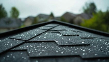 Water droplets on dark roof shingles