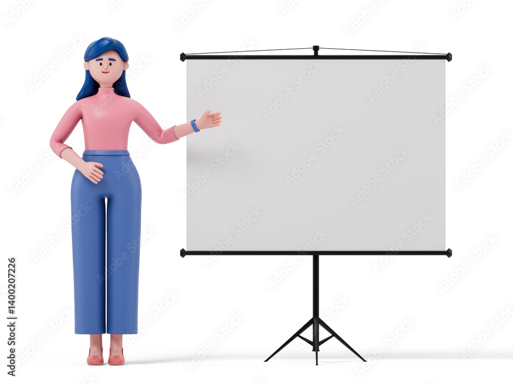 Poster a woman gestures towards a blank flip chart, symbolizing preparation for a presentation or lecture. 