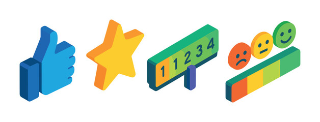Fototapeta premium Isometric flat vector set of icons of rating systems: thumbs up, star icon, 1 to 5 scale, review chart, feedback level, satisfaction icon, sentiment bar, emoji scale. isolated transparent background.