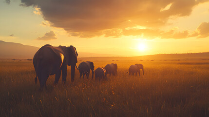 Tranquil Majesty: An Elephant Herd's Journey Through the Savannah at Dusk