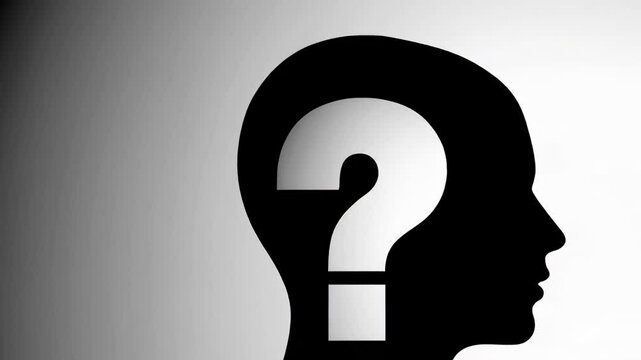 Human head silhouette contains a white question mark, symbolizing uncertainty and the process of seeking answers