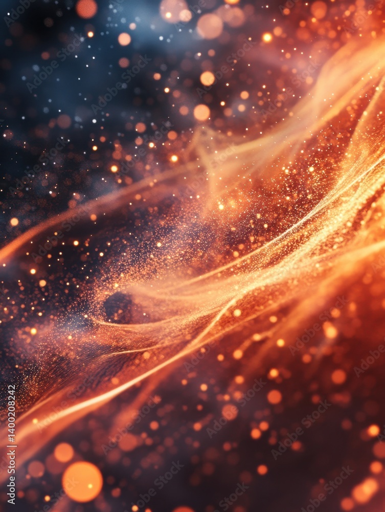 Poster abstract background with glowing particles and flowing lines in warm orange and cool blue tones crea