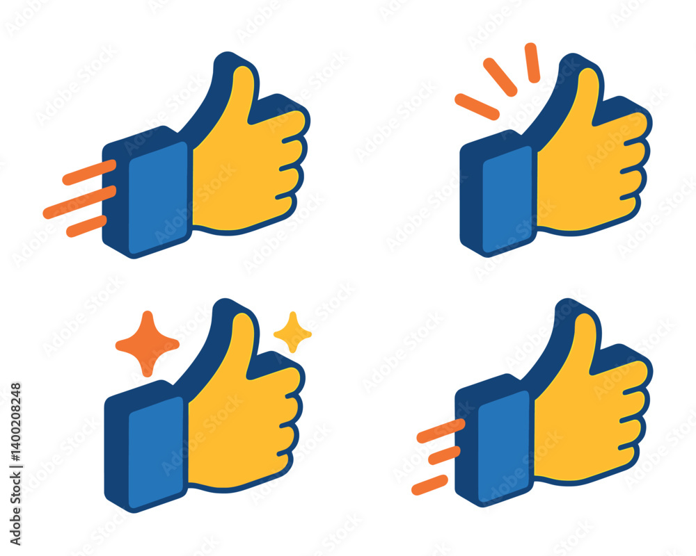 Poster isometric flat vector set of icons of thumbs up with motion: thumb with swipe lines, action icon, dy