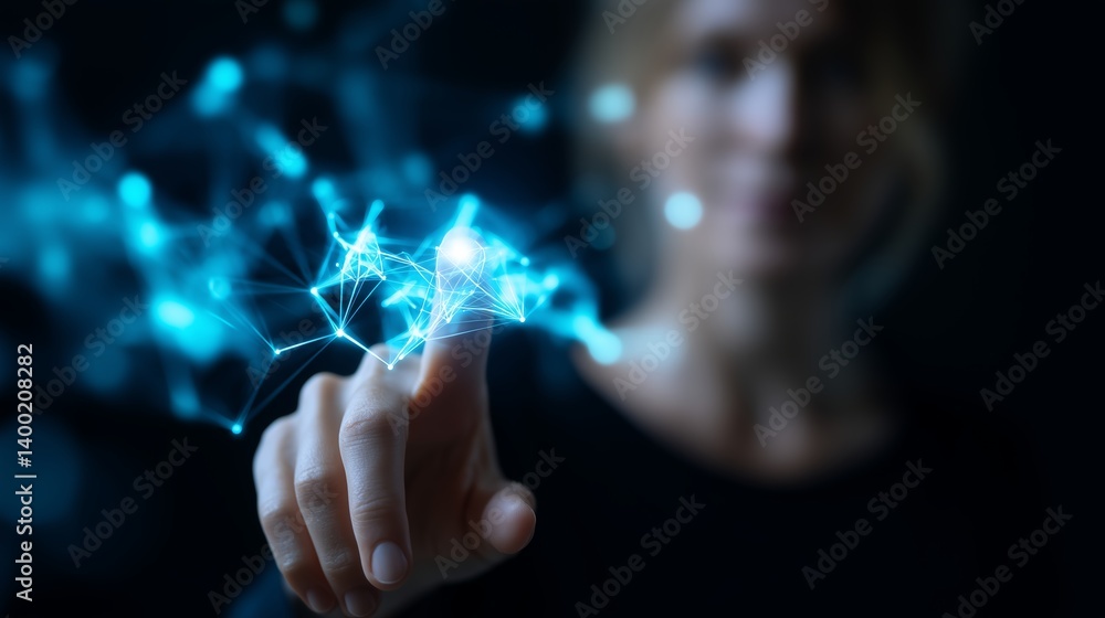 Poster engaging interaction with virtual technology in a dark environment showcases digital connectivity an