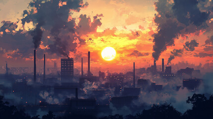 Industrial Pollution at Sunset – Factory Smoke and Smog Creating Dramatic Atmosphere.