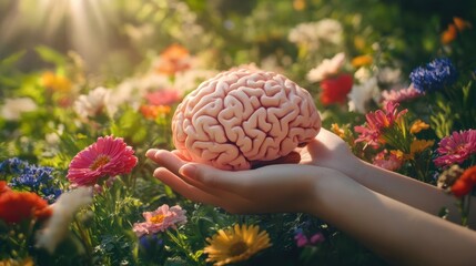 Hands holding a model of a human brain adorned with vibrant