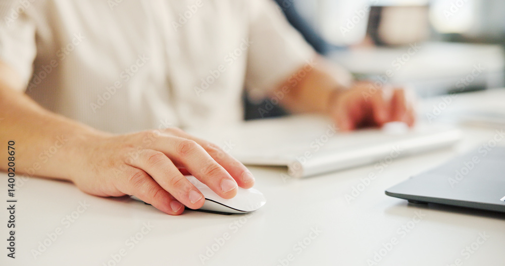 Aufkleber Hands, business and person with mouse in office for research, website scroll and email feedback. Man, typing and laptop with schedule update, company survey and review information for proposal report