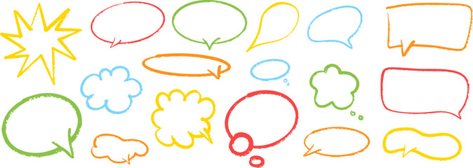 Set of colorful hand drawn speech bubbles and comic elements. Ideal for kids, comics, chat, fun design, or playful decoration on transparent background. Vector EPS 10