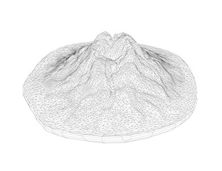 A mountain is shown in a black and white illustration. The mountain is very large and has a very rocky surface. The photo is very detailed and shows the mountain from all angles