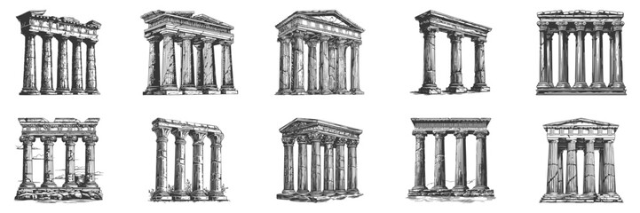 Obraz premium Ancient Greek And Roman Temple Columns Illustration Set In Vintage Style. Architectural Heritage And Classical Design In Hand Drawn Sketch Style. Isolated Vector Illustration