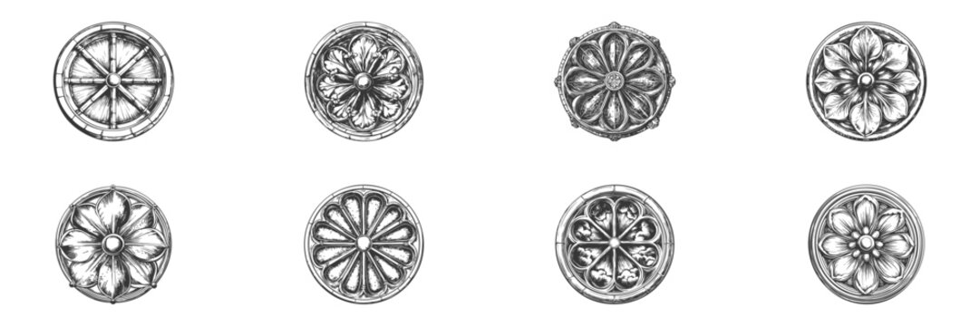 Vintage Rosette Ornament Collection Illustration Set. Decorative Architectural Elements In Hand Drawn Sketch Style. Isolated Vector Illustration