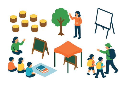 Isometric flat vector set of icons of outdoor classrooms: log seating, teacher with tree, whiteboard on stand, chalkboard sign, group learning, open tent classroom, books on blanket, field trip icon.
