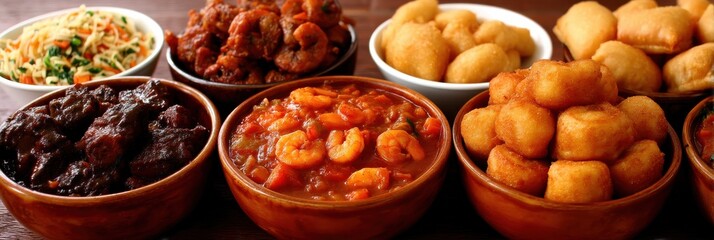 Plastic food trays containing separate portions of deep fried balls curry rice and beans visually arranged in segmented culinary layout representing organized meal diversity