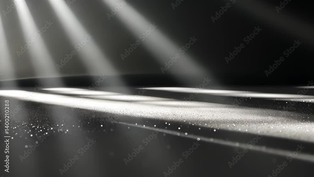 Poster light beams illuminating a sparkling surface abstract background with particles, glitter falling cre