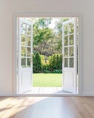 Obraz premium Open white french doors leading to a lush green garden with sunlight streaming in creating a tranquil and inviting atmosphere with hardwood floor