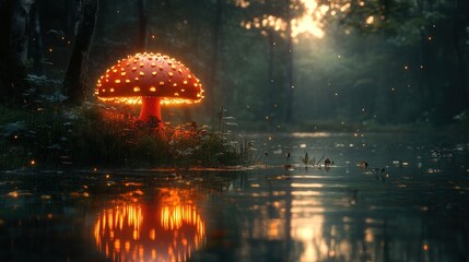 Enchanted Forest: Glowing Mushroom by the Lake
