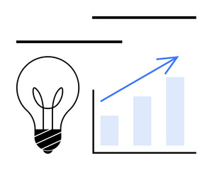 Lightbulb beside an upward-trending bar chart with arrow. Represents innovation, growth, strategy, entrepreneurship, progress, success creative ideas. Ideal for business education research. Flat