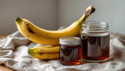 Eco-friendly vegan project showcasing solar-powered preservation of bananas with natural sweeteners on a wooden table