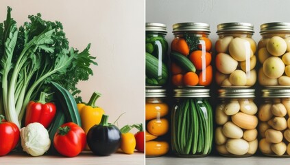 Exploring the benefits of solar-powered food preservation with fresh vegetables and jars of eco-friendly vegan options