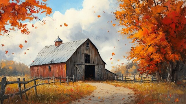 Rustic barn amidst vibrant foliage painting, evoking a sense of autumn tranquility