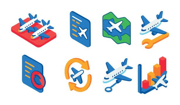 Isometric flat vector set of icons of mobile settings: airplane mode, Bluetooth, Wi-Fi, brightness, volume, battery saver, app permissions, notifications. isolated transparent background.