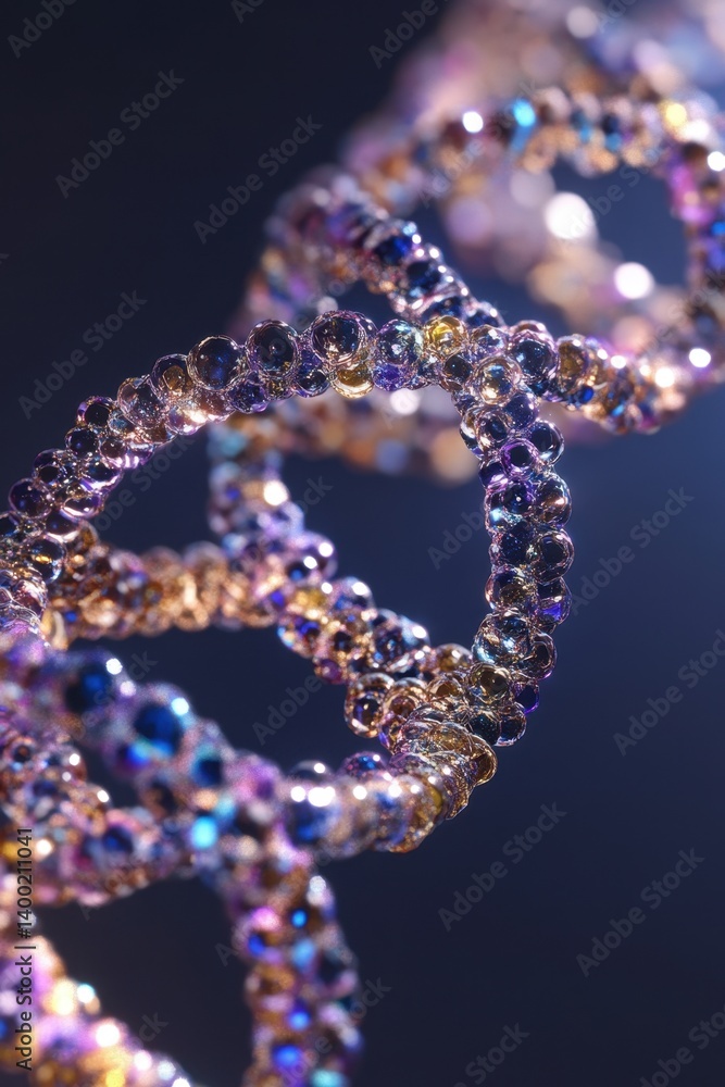 Poster abstract dna helix structure with iridescent bubbles on dark background for science and technology v