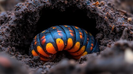 Vibrant Millipede in its Earthly Burrow: A Macro Photography Masterpiece