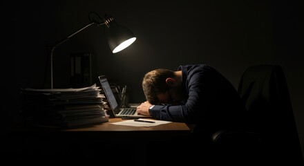 Exhausted man slumped at desk with laptop after work. Burnout, overwork and fatigue concept for web article, banner, poster, motivational picture, for advertisement and social media