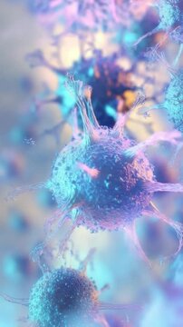 Microscopic view of virus cells mutating and replicating