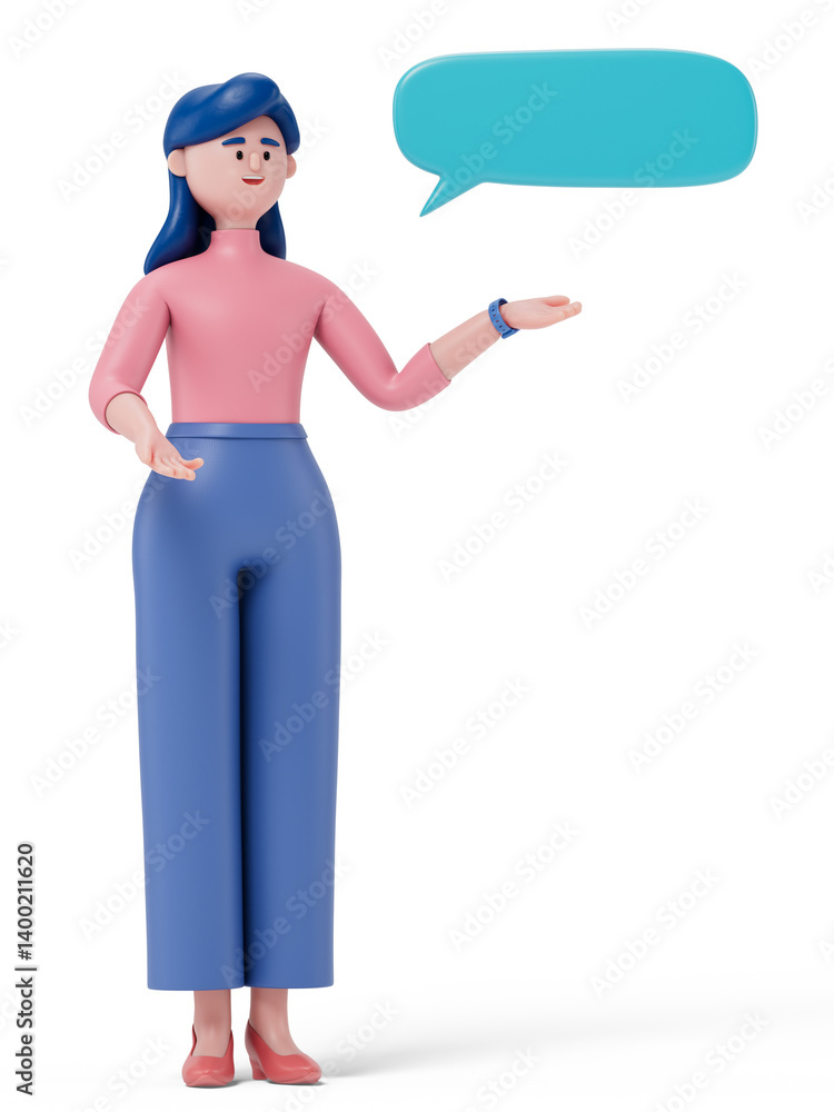 Poster a woman gestures towards a speech bubble, symbolizing communication or explanation. 3d rendering, co
