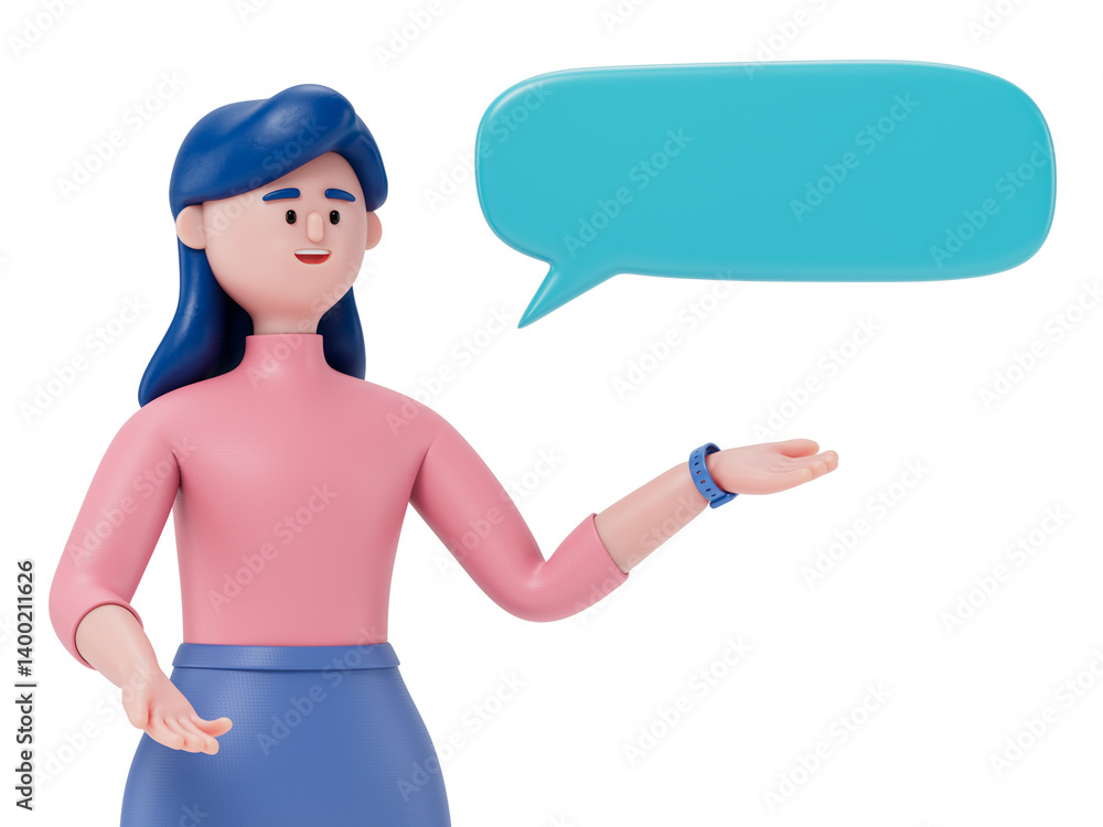 Poster a woman gestures towards a speech bubble, symbolizing communication or explanation. 3d rendering, co