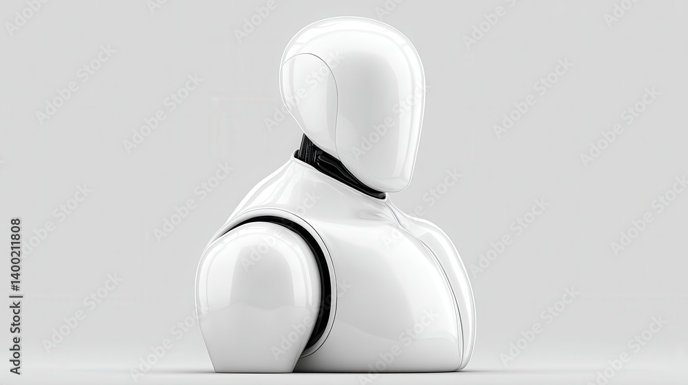 Poster white humanoid robot with glossy surface and curved neck design in neutral background conveying abst