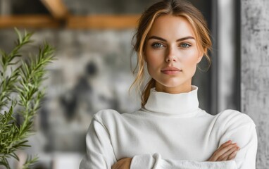 Fototapeta premium Woman in white turtleneck sweater stands confidently with arms crossed.